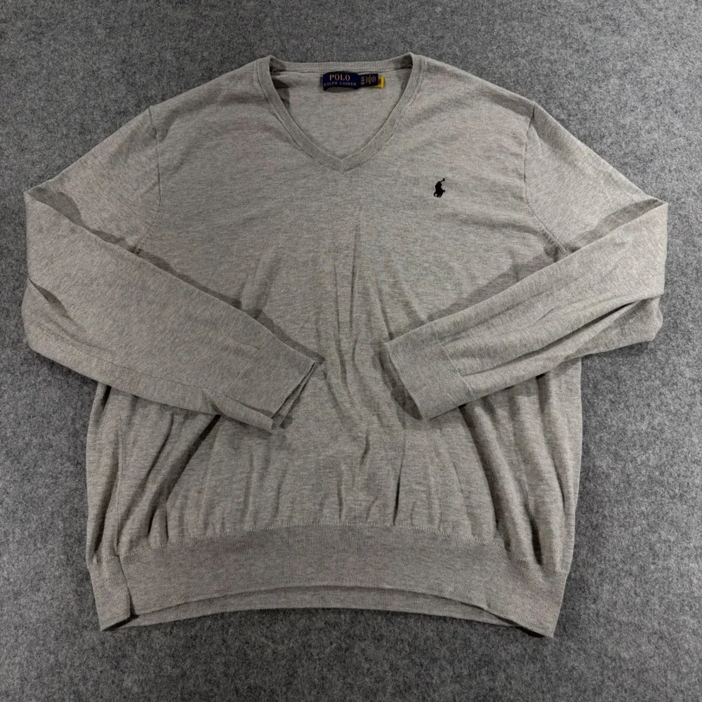 Polo Ralph Lauren Mens XL Gray V-Neck Long Sleeve Pony Logo Knit Sweater